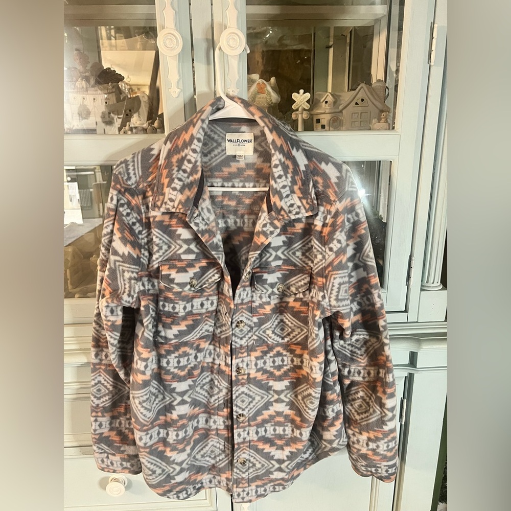 Wallflower Fleece Jacket with Geometric Pattern in Gray and Orange
